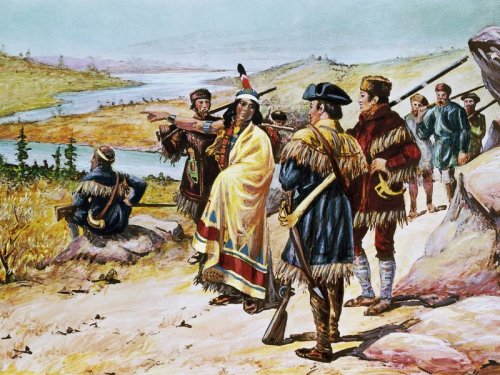 Sacajawea guiding the expedition from Mandan through the Rocky Mountains. Painting by Alfred Russell. (© Bettmann/CORBIS) 